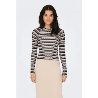 ONLY, Pulover cu model in dungi si maneci raglan, Negru stins, Alb murdar, M