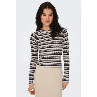 ONLY, Pulover cu model in dungi si maneci raglan, Negru stins, Alb murdar, M