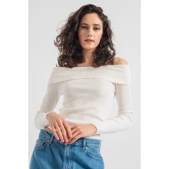 Only, Pulover striat cu decolteu pe umeri, Alb, M