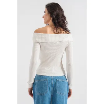 Only, Pulover striat cu decolteu pe umeri, Alb, M