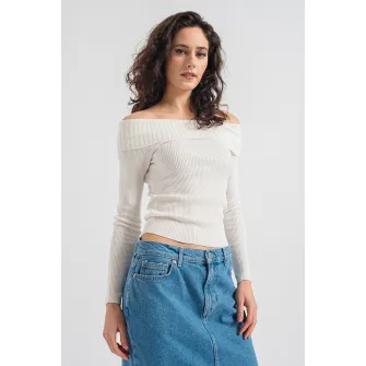 Only, Pulover striat cu decolteu pe umeri, Alb, M