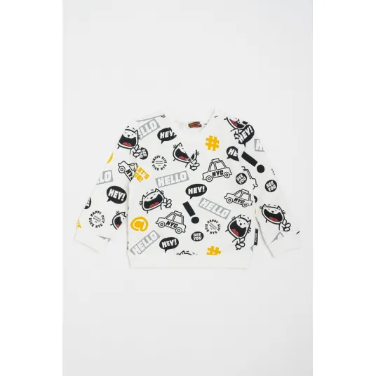 Original Marines, Bluza de trening cu decolteu la baza gatului si imprimeu, Alb, Negru, 86 CM