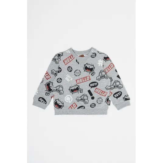 Original Marines, Bluza de trening cu decolteu la baza gatului si imprimeu, Negru, Gri melange, 80 CM