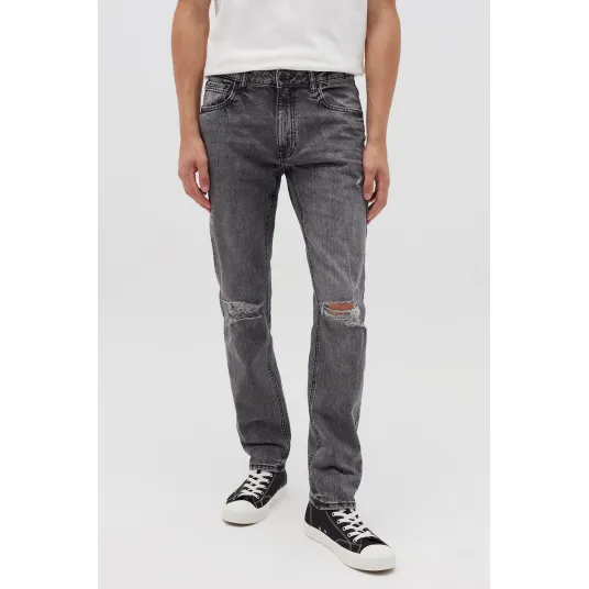 OVS, Blugi slim-fit cu detalii cu aspect deteriorat, Gri inchis, 46