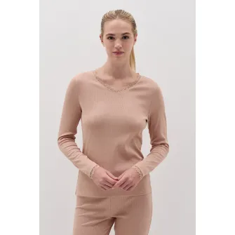 OVS, Bluza de pijama cu garnituri de dantela, Bej, XL