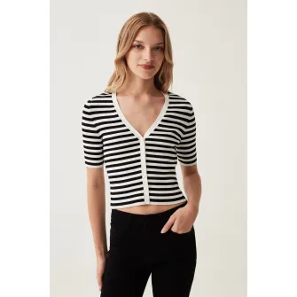 OVS, Cardigan crop cu model in dungi, Negru, Alb, S