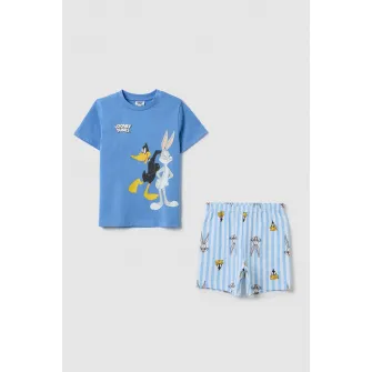 OVS, Pijama cu model Looney Tunes, Alb, Negru, Albastru, 74 CM