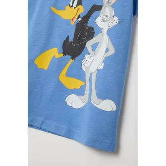 OVS, Pijama cu model Looney Tunes, Alb, Negru, Albastru, 74 CM