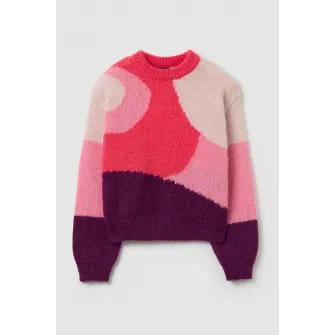 OVS, Pulover cu imprimeu geometric si model colorblock, Roz, Crem, 116 CM