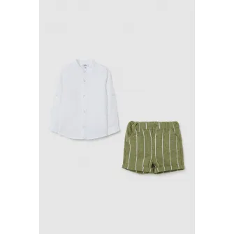OVS, Set de camasa din amestec de in si pantaloni scurti, Verde masliniu, Alb optic, 86 CM
