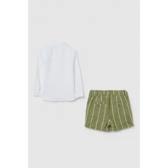 OVS, Set de camasa din amestec de in si pantaloni scurti, Verde masliniu, Alb optic, 86 CM