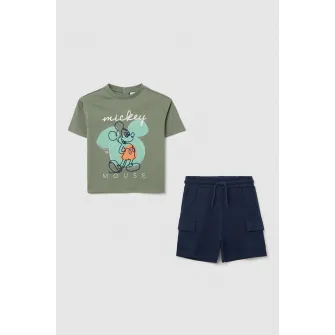 OVS, Set de pantaloni scurti si tricou cu broderie Mickey Mouse, Kaki, Bleumarin, 74 CM