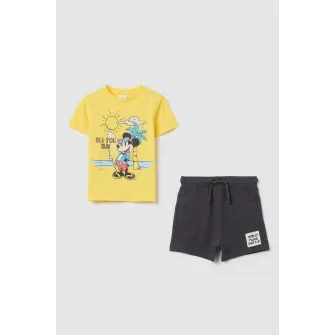 OVS, Set de tricou si pantaloni scurti cu imprimeu Mickey Mouse, Galben, Gri inchis, 74 CM