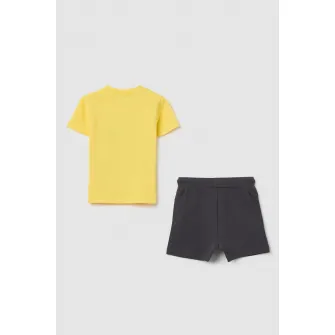 OVS, Set de tricou si pantaloni scurti cu imprimeu Mickey Mouse, Galben, Gri inchis, 74 CM