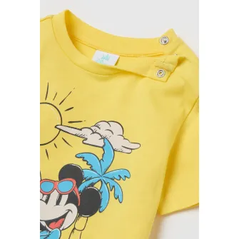 OVS, Set de tricou si pantaloni scurti cu imprimeu Mickey Mouse, Galben, Gri inchis, 74 CM
