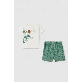 OVS, Set de tricou si pantaloni scurti, Verde, Alb murdar, 68 CM