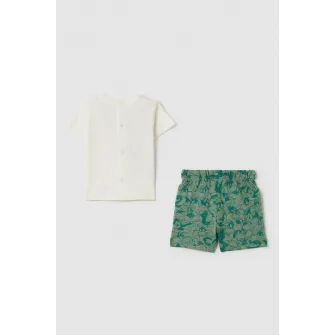 OVS, Set de tricou si pantaloni scurti, Verde, Alb murdar, 68 CM