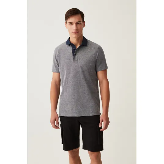 OVS, Tricou polo din bumbac, Albastru melange, S