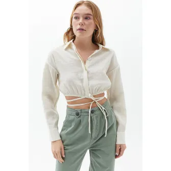 OXXO, Camasa crop din amestec de modal, Alb fildes, XL