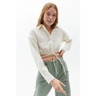 OXXO, Camasa crop din amestec de modal, Alb fildes, XL