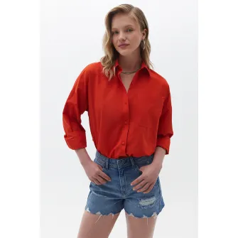 OXXO, Camasa din amestec de bumbac cu guler ascutit, Rosu vermillion, XS