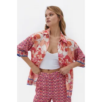 OXXO, Camasa din viscoza cu imprimeu floral, Roz pastel, Piersica, Alb murdar, M