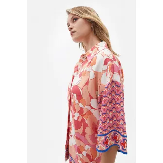OXXO, Camasa din viscoza cu imprimeu floral, Roz pastel, Piersica, Alb murdar, M