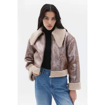 OXXO, Palton scurt cu fermoar, Caramel, Crem, Argintiu, XS