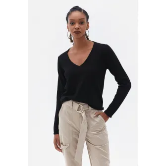 OXXO, Pulover tricotat fin cu decolteu in V, Negru, M