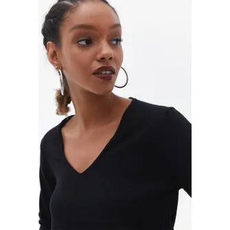 OXXO, Pulover tricotat fin cu decolteu in V, Negru, M