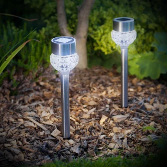 Pachet 12 lampi solare LED de exterior pentru gradina Garden of Eden, senzor crepuscular, acumulator 40 mAh, metal satinat + sticla, 370 mm