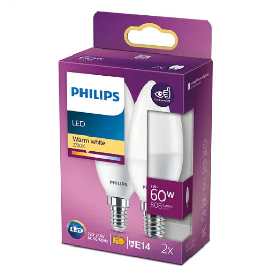 Pachet 2 becuri LED Philips, tip lumanre/lustra, EyeComfort, E14, 7W (60W), 806 lm, lumina alba calda (2700K)