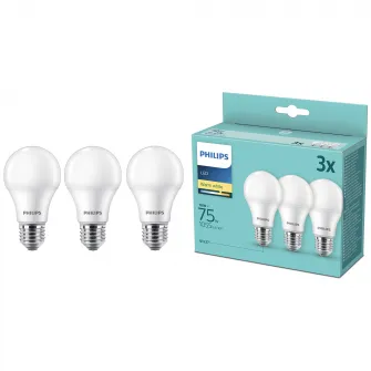 Pachet 3 becuri LED Philips, E27, 10W (75W), 1055 lm, lumina alba calda