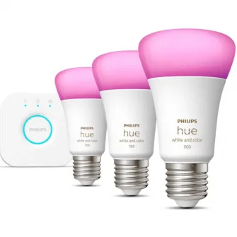 Pachet 3 becuri LED RGB inteligente Philips Hue, Bluetooth/Zigbee A60, E27, 9W (75W), 806 lm, lumina alba si colorata + Consola Hue Bridge