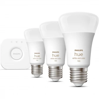 Pachet 3 becuri LED RGB inteligente Philips Hue, Bluetooth/Zigbee A60, E27, 9W (75W), 806 lm, lumina alba si colorata + Consola Hue Bridge