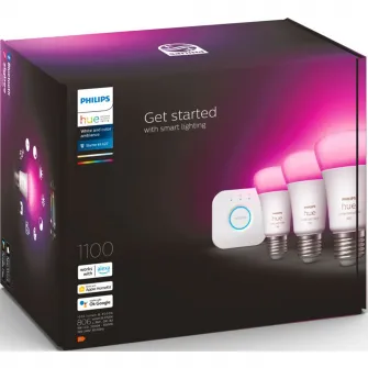 Pachet 3 becuri LED RGB inteligente Philips Hue, Bluetooth/Zigbee A60, E27, 9W (75W), 806 lm, lumina alba si colorata + Consola Hue Bridge