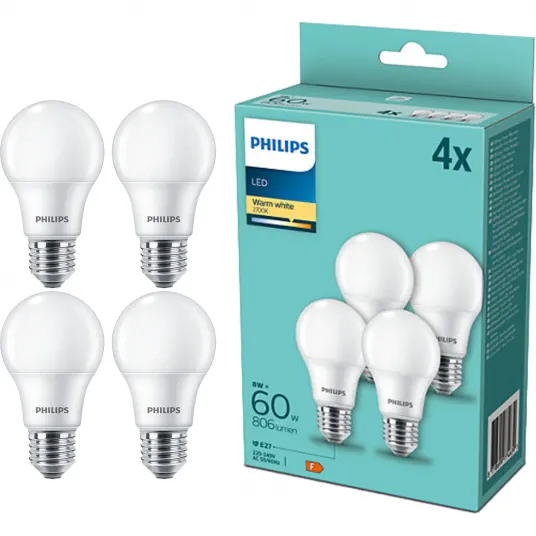 Комплект из 4 светодиодных лампочек Philips A60, E27, 8 Вт (60 Вт), 806 лм, теплый белый свет (2700 К)