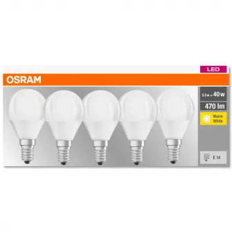 Pachet 5 becuri LED Osram FR P40, E14, 5.5W (40W), 470 lm, mat, lumina calda (2700K)