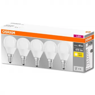 Pachet 5 becuri LED Osram FR P40, E14, 5.5W (40W), 470 lm, mat, lumina calda (2700K)