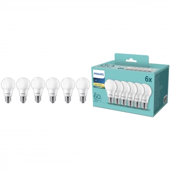 Pachet 6 becuri LED Philips, E27, 8W (60W), 806 lm, lumina alba calda