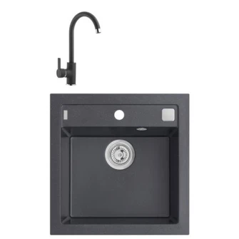 Pachet chiuveta algranit Alveus Formic 20, 520x510mm, sifon pop-up inclus + Baterie Kati, Negru