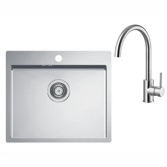 Pachet chiuveta bucatarie Alveus Quarto 10, 550x480 mm, adancime cuva 190 mm, sifon inclus + Baterie Tonia, Inox periat