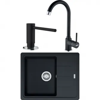 Pachet chiuveta bucatarie Franke BFG 611-62, adancime cuva 200mm, 620x500mm + Baterie Pola 1.0 + Dozator sapun, Negru Grafit