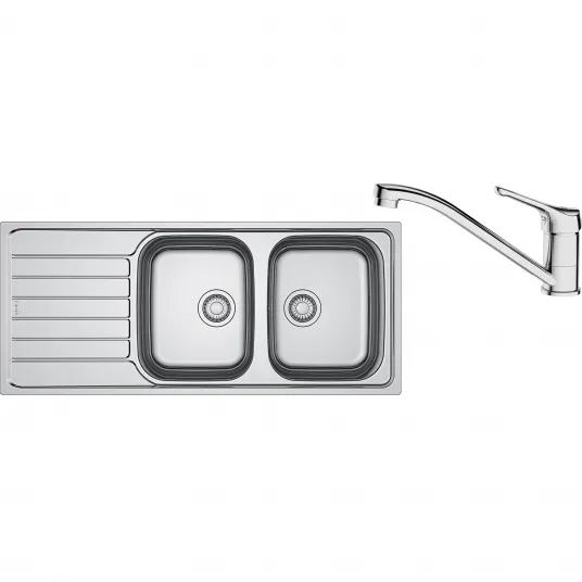 Pachet chiuveta bucatarie inox Franke SKL 620 ST, dreptunghiulara, 2 cuva si picurator pe partea stanga, 116x50x14 cm, adancime cuva 14 cm + Baterie Basic Crom, rotatie pipa 360, discuri ceramice, furtunuri flexibile inox, In