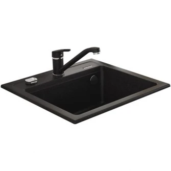 Pachet chiuveta granit cu baterie bucatarie Kring, compozit granit, 440x440mm, adancime 170mm, montare pe blat, negru