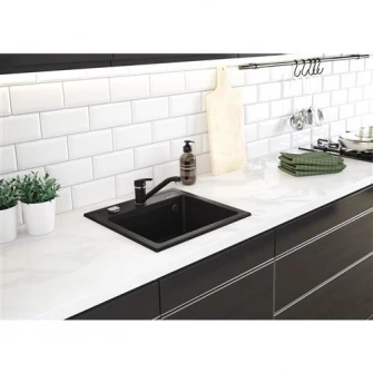 Pachet chiuveta granit cu baterie bucatarie Kring, compozit granit, 440x440mm, adancime 170mm, montare pe blat, negru