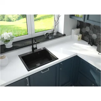 Pachet chiuveta granit cu baterie Kring, compozit granit, 600x520mm, adancime 197mm, montare pe blat, negru