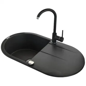 Pachet chiuveta granit cu scurgator si baterie Kring, compozit granit, 780x440mm, adancime 180mm, reversibila, montare pe blat, negru