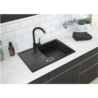 Pachet chiuveta granit cu scurgator si baterie Kring, compozit granit, 670x440mm, adancime 150mm, reversibila, montare pe blat, negru