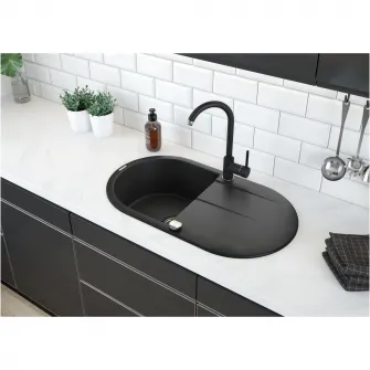 Pachet chiuveta granit cu scurgator si baterie Kring, compozit granit, 780x440mm, adancime 180mm, reversibila, montare pe blat, negru